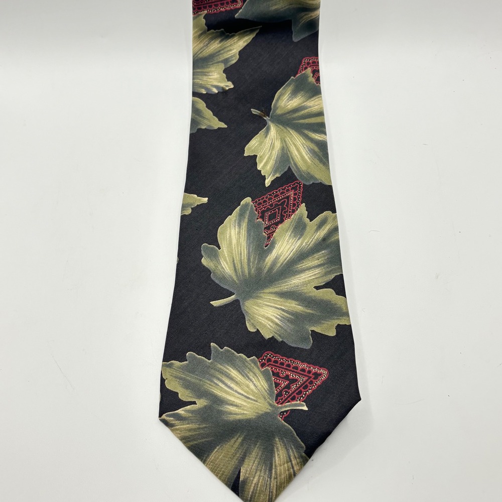 Equus Mens Silk Necktie Black Sage Green Maple Leaf Botanical‎ Geometric Pattern